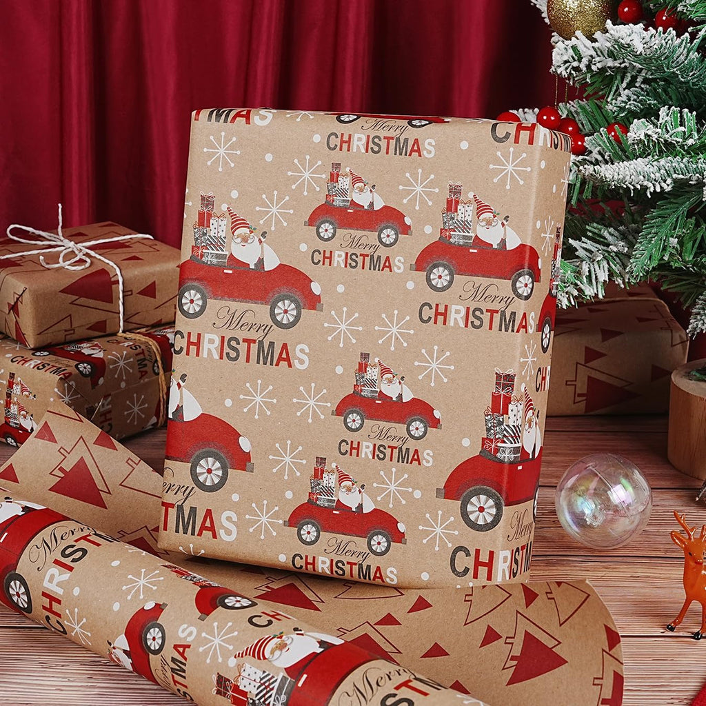 Reversible Christmas Wrapping Paper Roll, Red and White Brown Kraft Wrapping Paper Roll, Christmas Tree Car Santa Design Gift Wrapping Paper for Xmas Holiday Party, 43CM X 10M