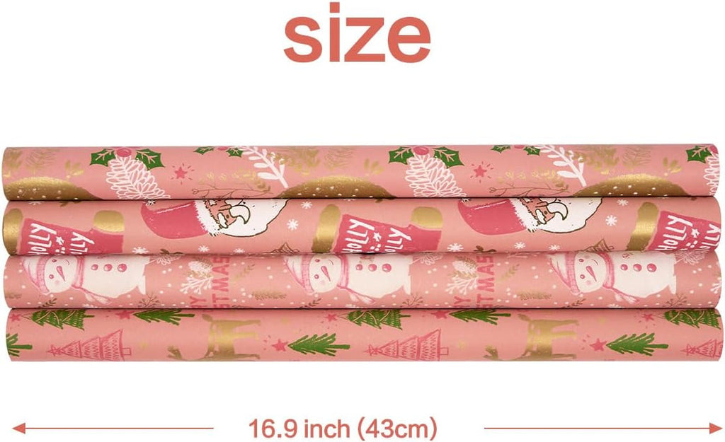 4 Rolls Pink Christmas Wrapping Paper, 43Cm*3M Recyclable Kraft Gift Wrapping Pa
