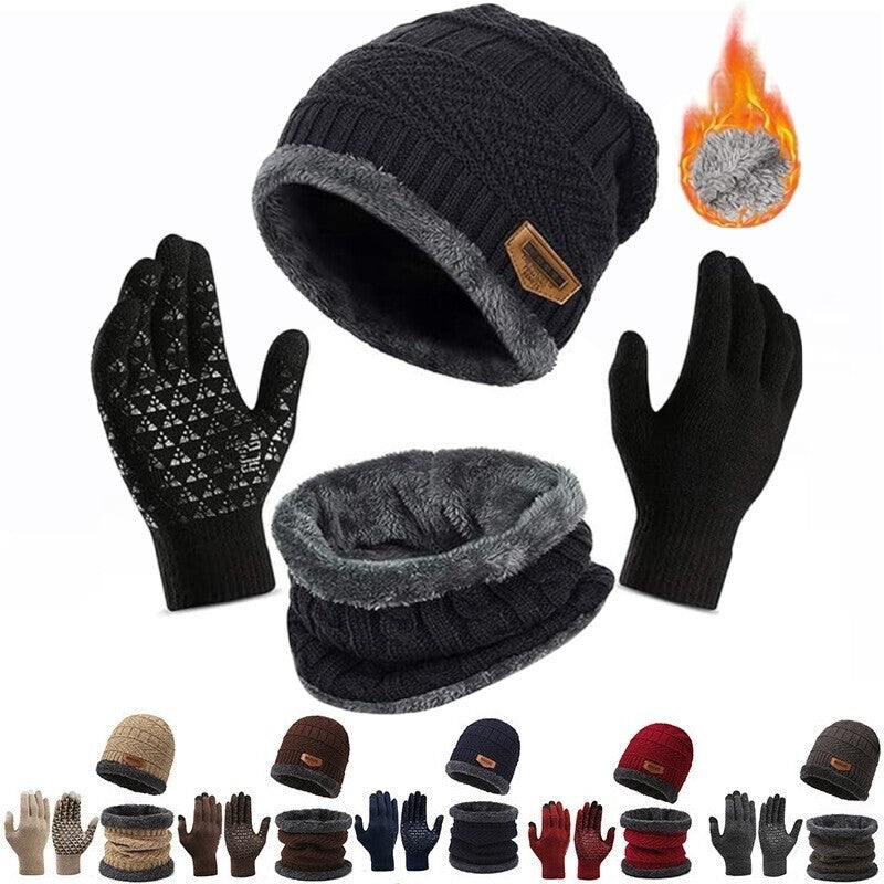3PCS Hat Scarf Gloves Set Fleece Warm Knit Neck Warmer Wool Thermal Cap Outdoor