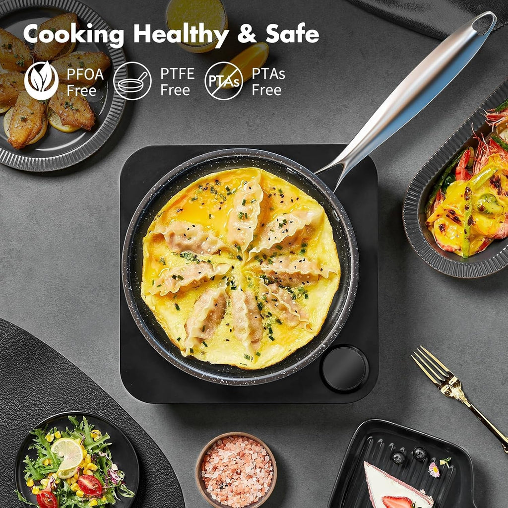 Stainless Steel Pots and Pans Set, 7-Piece Induction Hob Pan Set with Stay Cool Handles, Nonstick Saucepan Set Cooking Pans Set with Glass Lids, Black Granite Kitchen Cookware Set, for All Stove