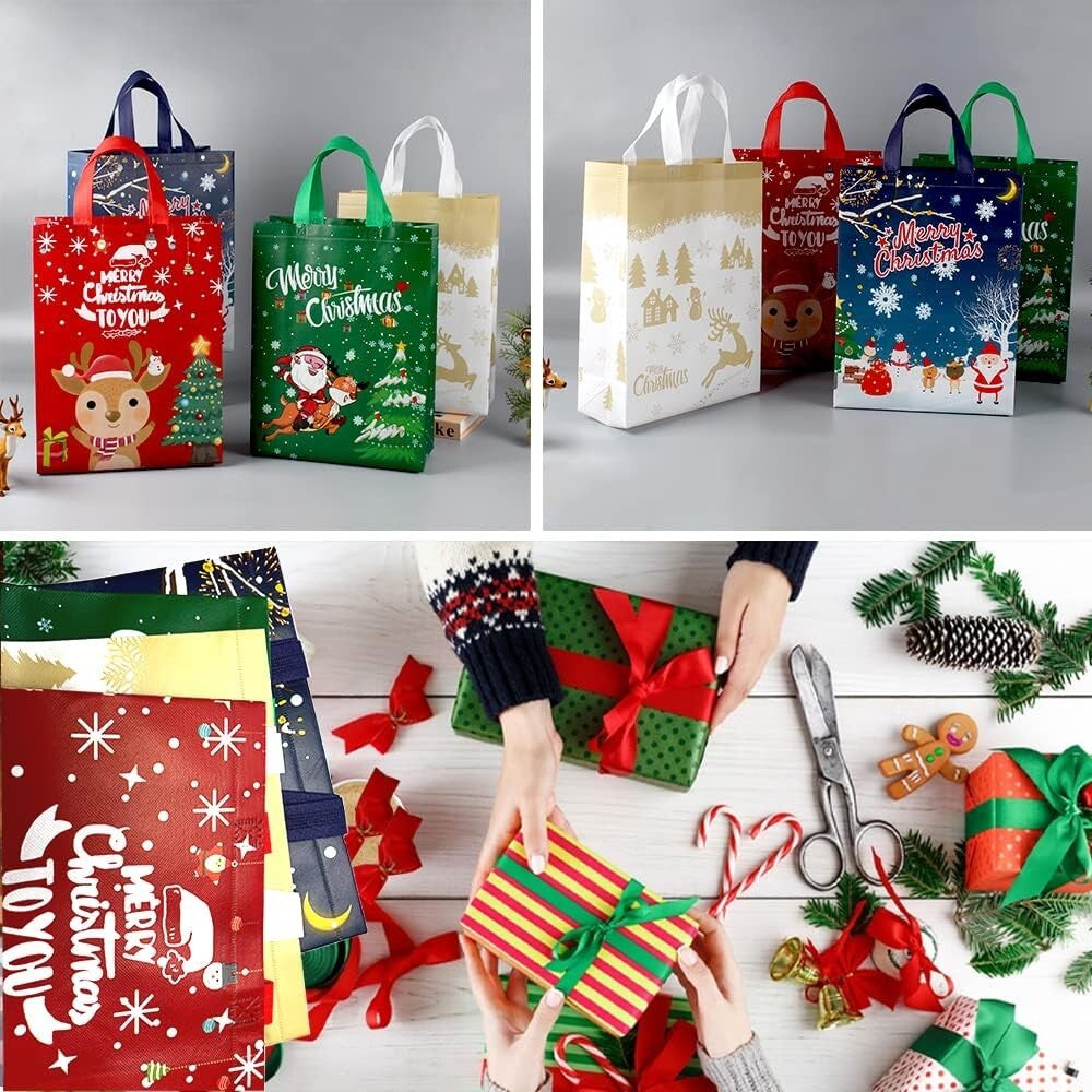 4 Pack Christmas Reusable Grocery Bag,Large Tote Bag with Handle, Gift Present