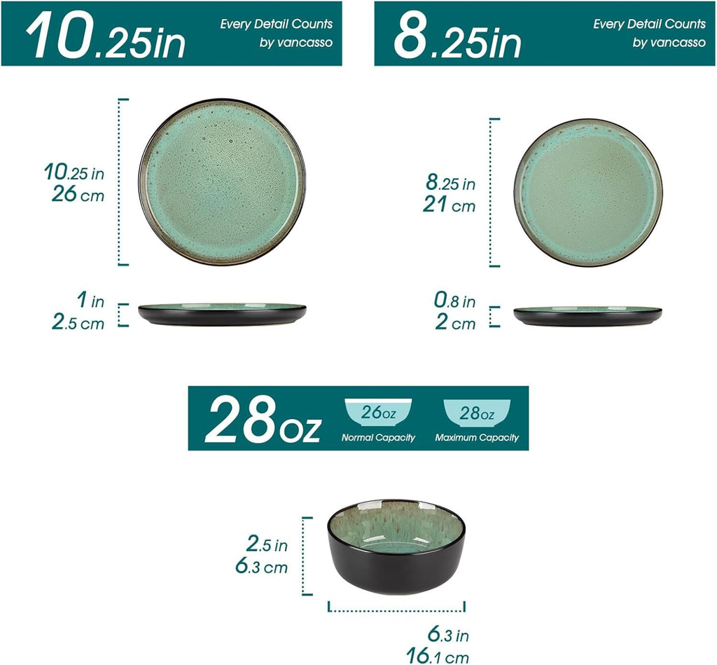 Amber 18 Pieces Dinner Set for 6, Reactive Glaze Stoneware Plates and Bowls Set, Green Crockery Set with Dinner Plates, Dessert Plates & Cereal Bowls, Microwave & Dishwasher Safe