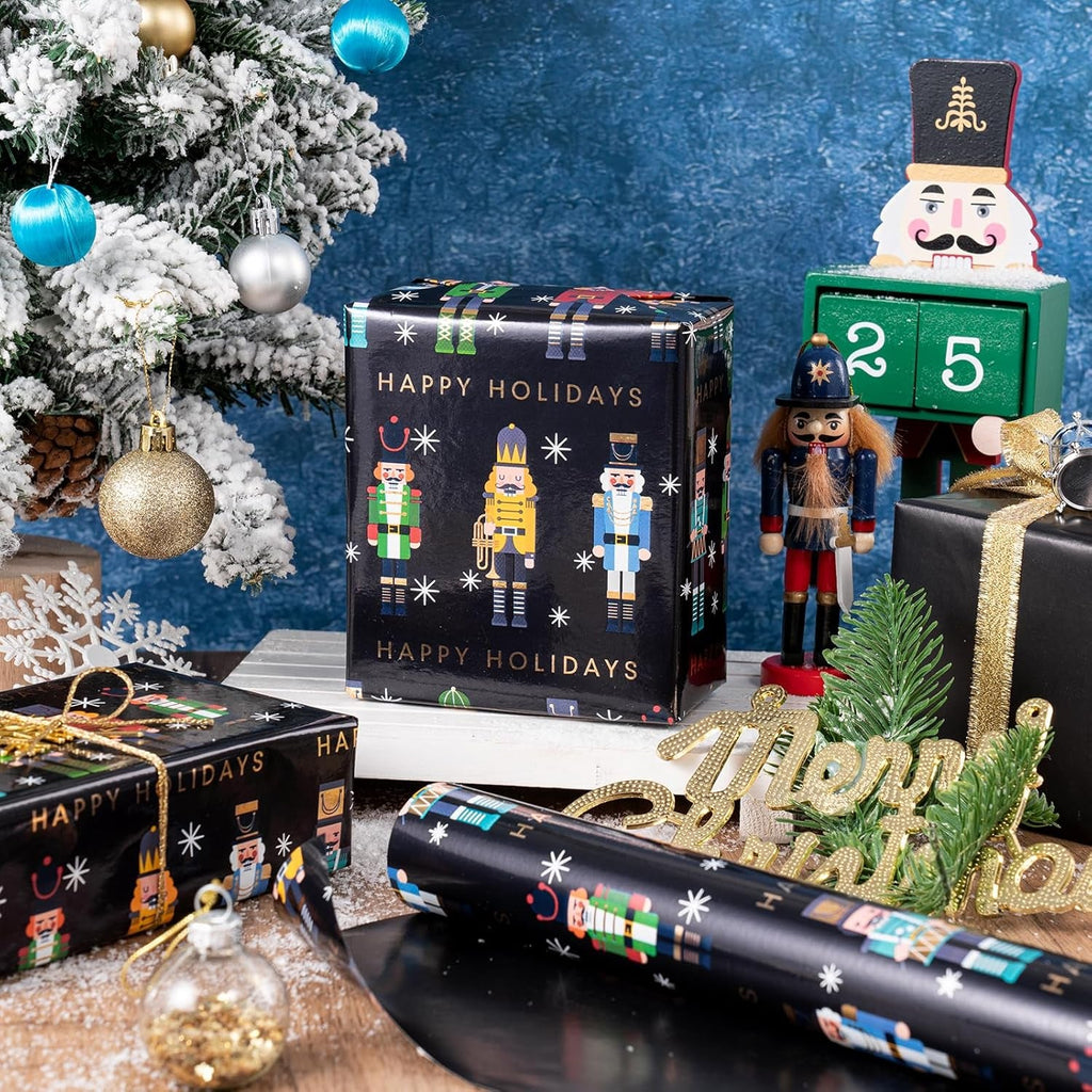 Reversible Nutcracker Christmas Wrapping Paper - Mini Roll - 43.2Cm X 10M - Foil Black Nutcracker Wrapping Paper for Christmas, Party Celebration