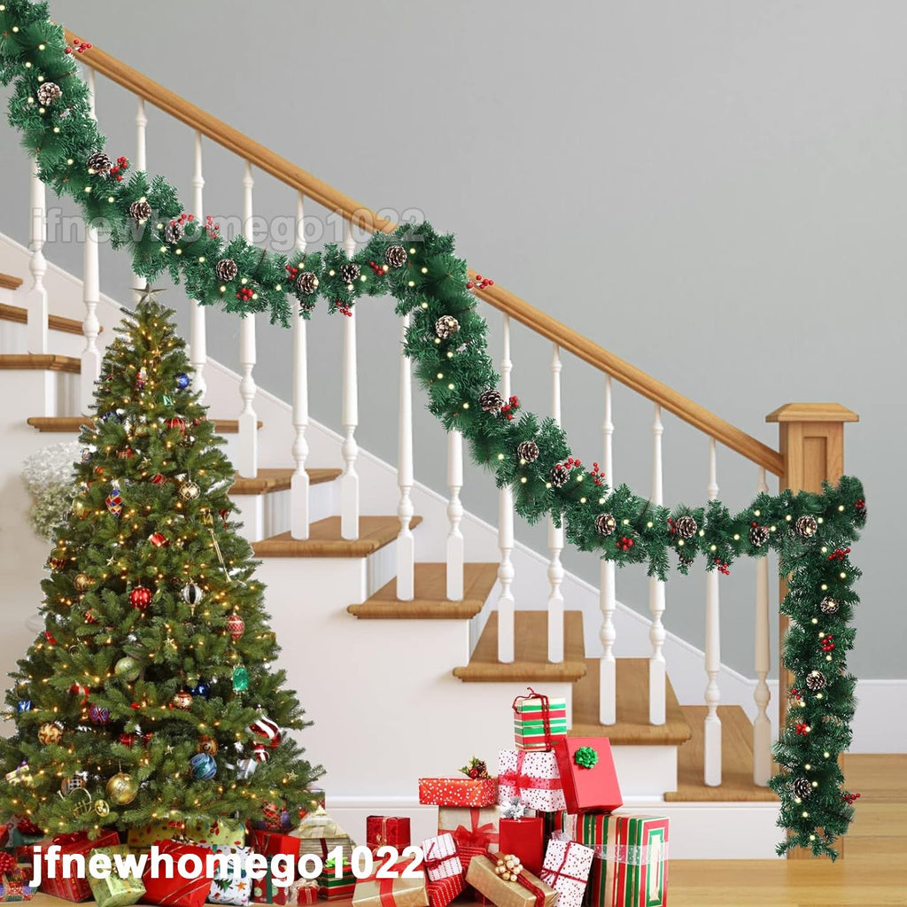 9Ft Christmas Garland Snow Flocked with Lights Pinecones Berries Wreath Bushy