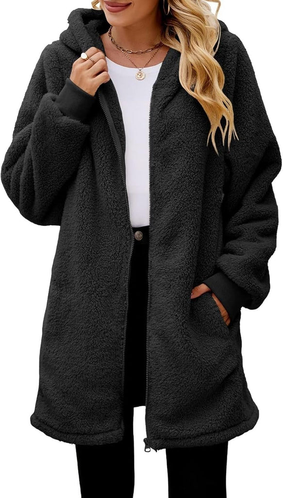 Womens Plain Hoodie Winter Warm Sherpa Lined Zip up Hooded Sweatshirt Jacket Coat Cosy Soft Fleece Blanket with Pocket