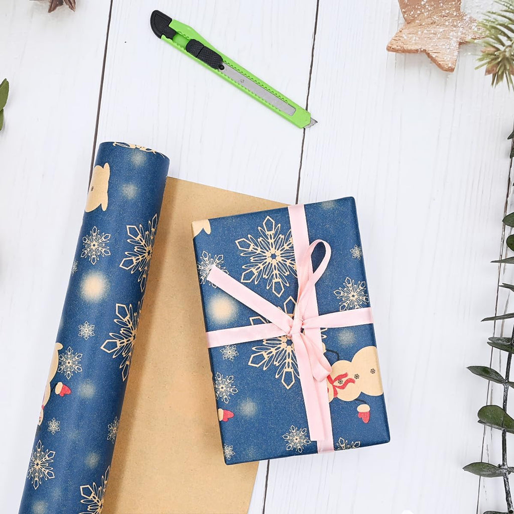 Wrapping Paper Roll, Roll of Christmas Gift Wrapping Paper Recyclable Kraft Paper, 15M X 43Cm Navy Blue Paper Printed with Star Snowflake Snowman for Christmas Gift Wrapping Party Decoration