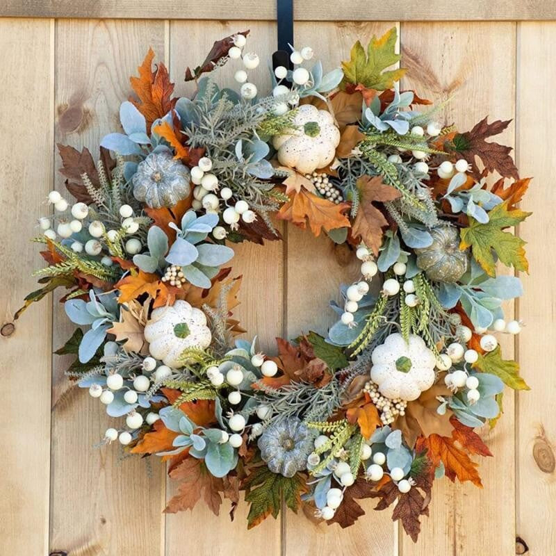 45CM Fall Wreath for Front Door Maple Leaf Pumpkin Wreath Thanksgiving Autumn