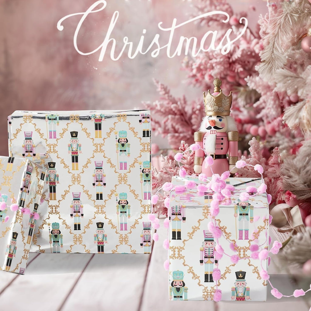 Christmas Foil Wrapping Paper - Mini Roll, Pink Nutcracker Gift Wrap for Christmas, Holiday, Xmas Party Celebration, 43Cm X 10M