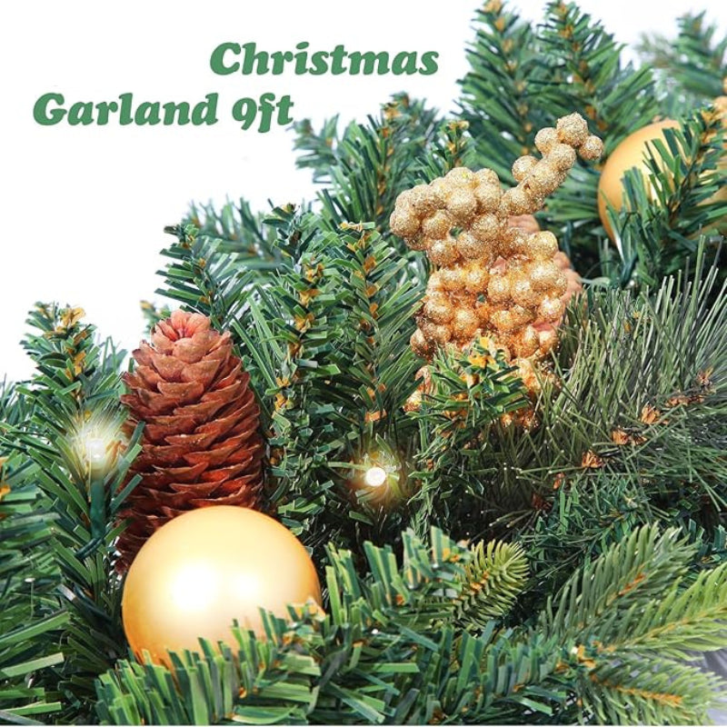 9Ft Pre Lit Christmas Garland Decorations Wreath with LED Lights Xmas Fireplace