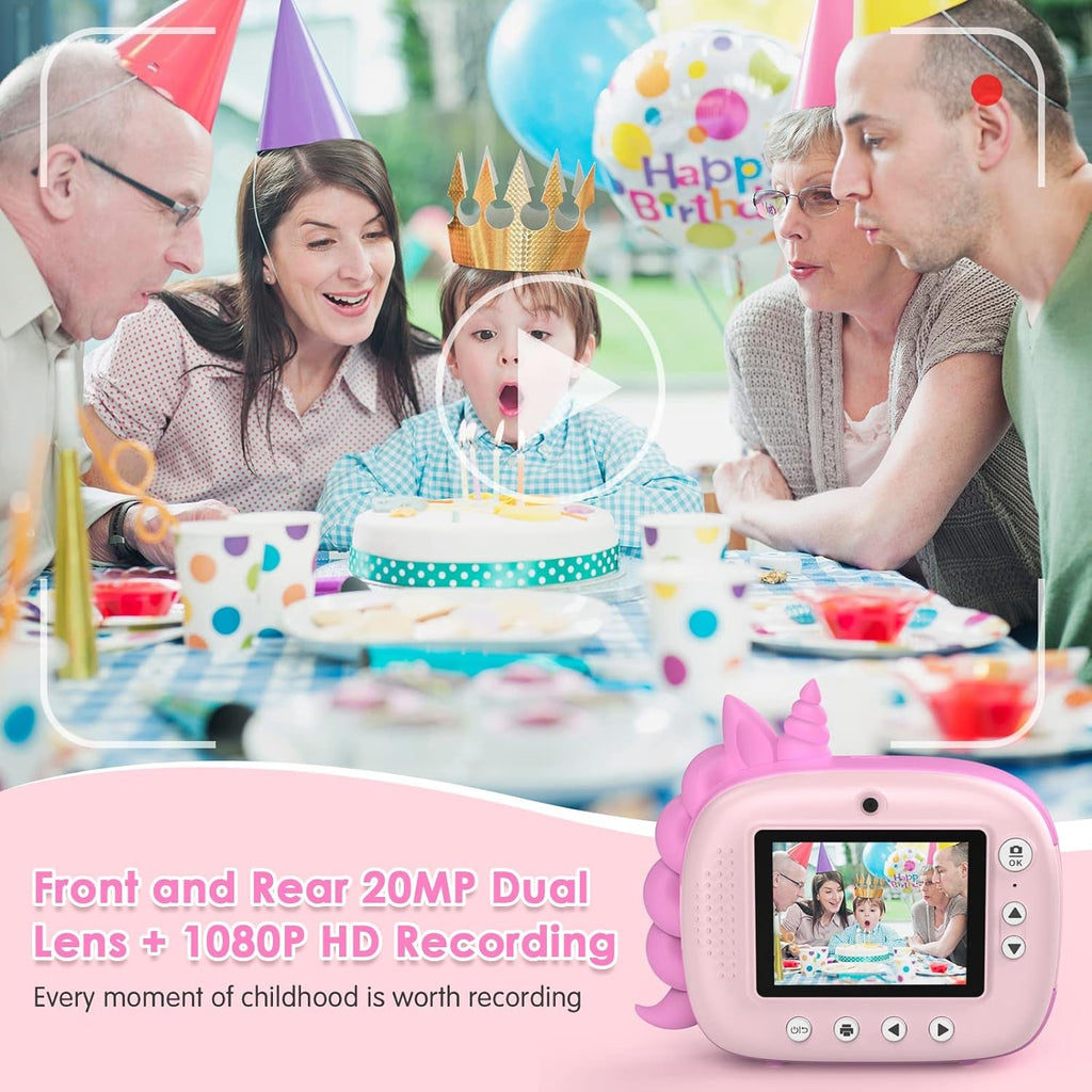 Kids Camera Instant Print, Digital Camera for Kids with No Ink Print Paper & 32G TF Card, Selfie Video Camera with Color Pens for DIY, Fun Gift for Girls Boys 3-14 Years Old (Pink)