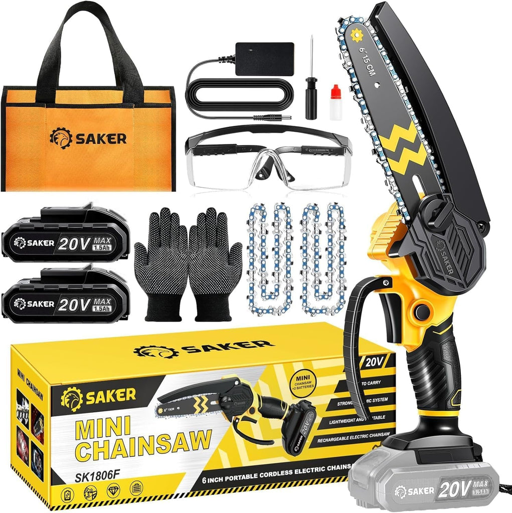 Mini Chainsaw Cordless 6-Inch-Switch Security Lock-Cordless Power Chain Saws-Handheld Small Chainsaw for Cutting Wood Trimming and Woodworking Gift for Men 2 Batteries