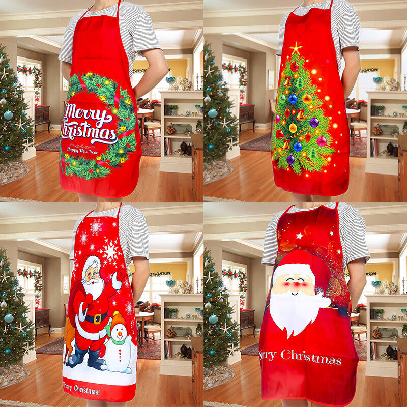 Women Men Christmas Print Apron Kitchen Restaurant Cooking Work Bib Apron Party