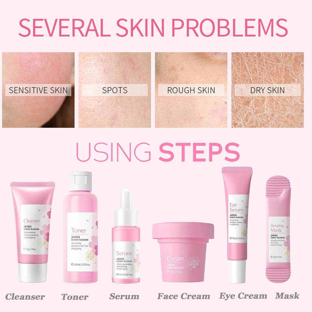 Skincare Gifts for Teenage Girls,Cherry Blossom Skincare Sets,Facial Kit,Pamper Sets for Women Gifts,Skin Care Sets & Kits with Cleanser, Face Serum, Face Cream,Toner,Eye Cream,Mask (7PCS Sakura)
