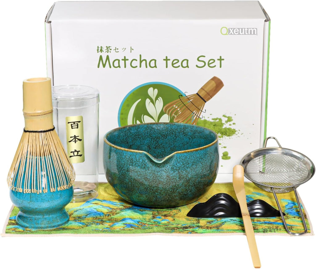 Matcha Kit, 7 Pcs Matcha Set - Ceramic Matcha Bowl & 100% Handmade Bamboo Matcha Whisk with Whisk Holder, Bamboo Scoop, Rest, Matcha Sifter & Tea Towel - Complete Matcha Whisk Set