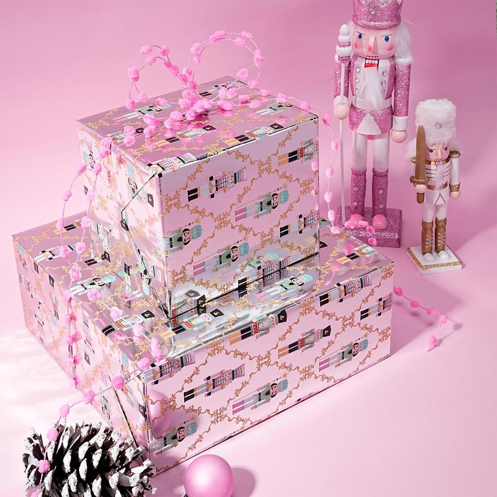 Christmas Foil Wrapping Paper - Mini Roll, Pink Nutcracker Gift Wrap for Christmas, Holiday, Xmas Party Celebration, 43Cm X 10M