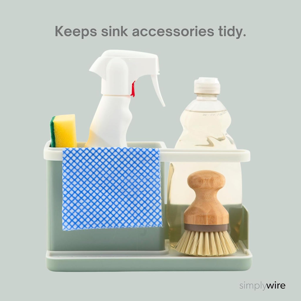 – Sink Tidy/Caddy – Kitchen Sink Organiser – Removable Drip Tray – Non-Slip - Sage Green & White