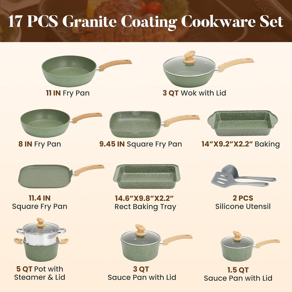 17 Pcs Pots and Pans Set Non Stick, Induction Kitchen Cookware Set, Green Healthy Nonstick Granite Coated Saucepans Frying Pans Set, PFOA & PFOS Free