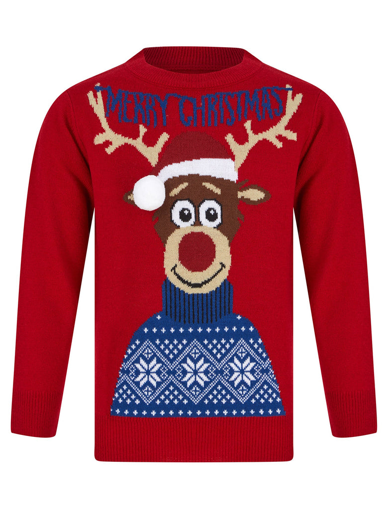 Kids Boys Christmas Jumper Reindeer 3D Pom Pom Xmas Sweater Pullover Novelty