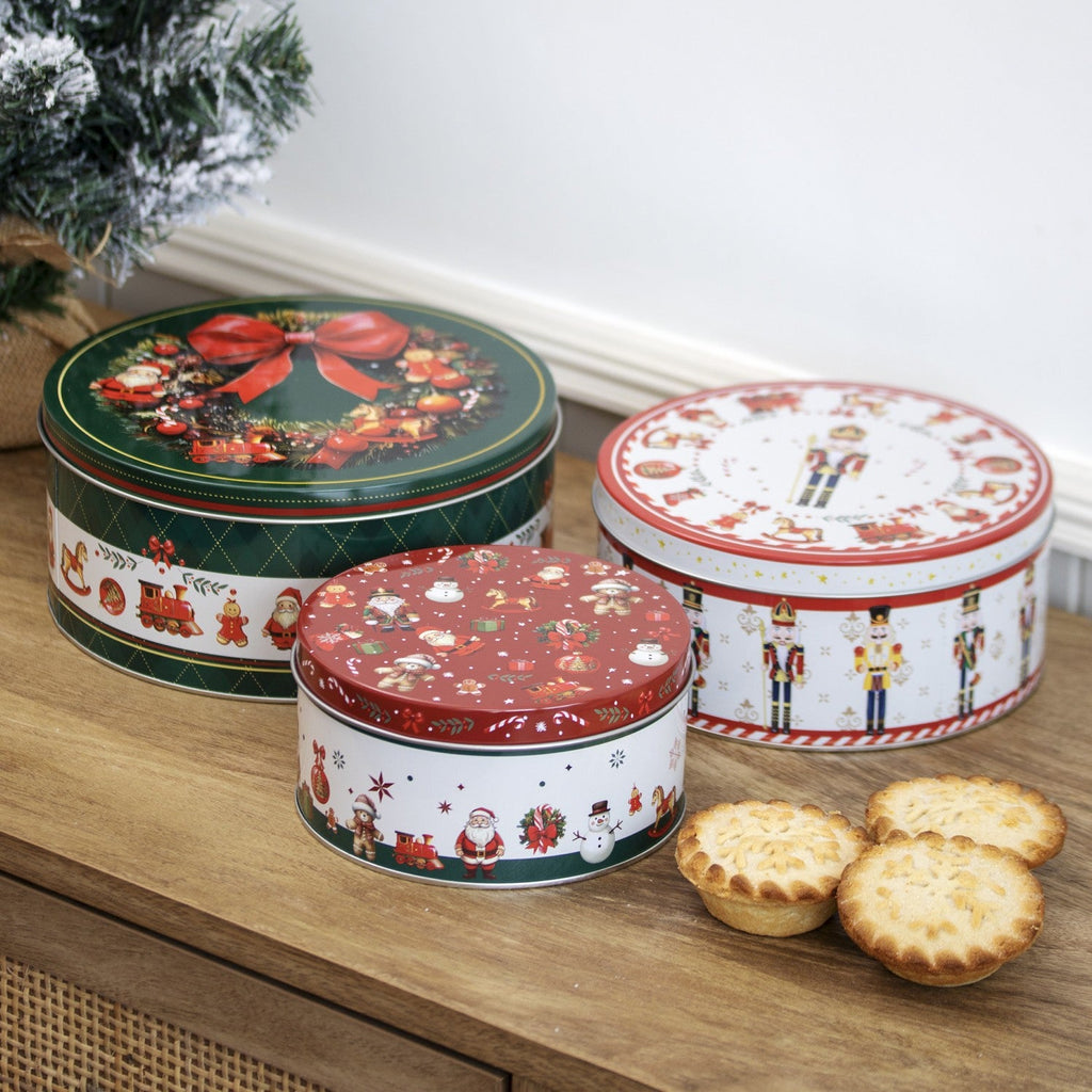 3Pc Festive Christmas Nesting Cake Tins Set Metal Xmas Kitchen Baking Storage