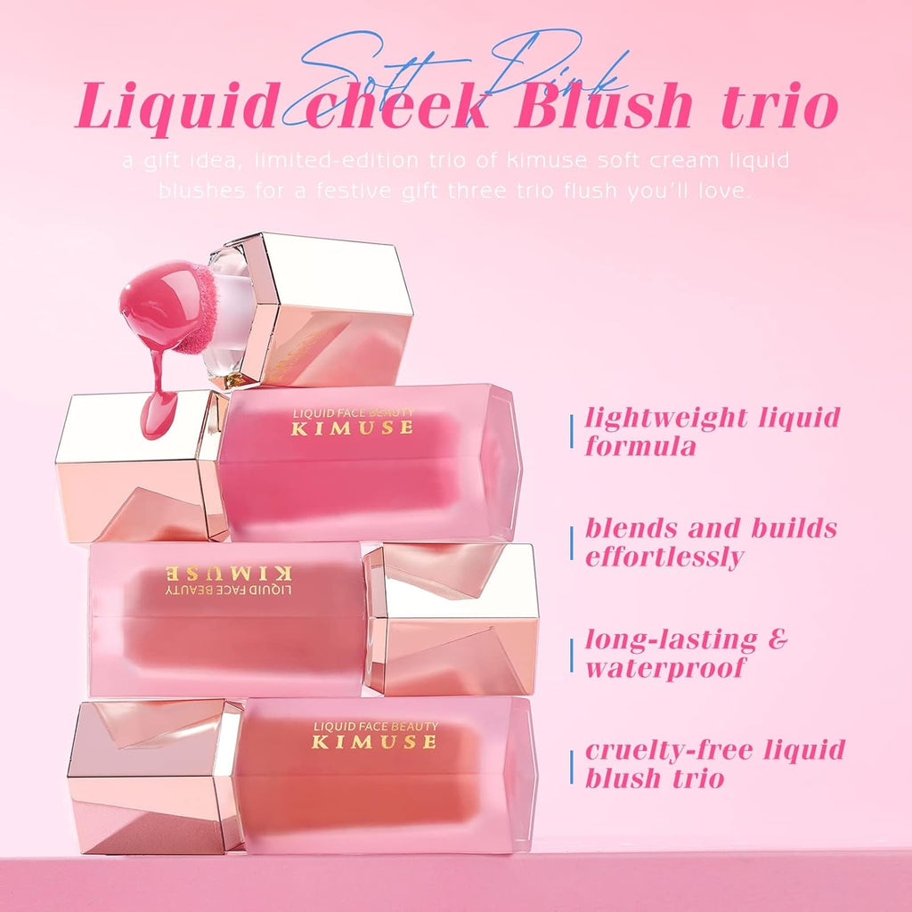 3PCS Liquid Blush Set, 3 Colors Soft Blush Lightweight Natural-Looking Long-Lasting Blush Stick, Easy-To-Apply, Blends Effortlessly, Cream Blush for Cheek, Eye, Lips (Soft Pink Trio)