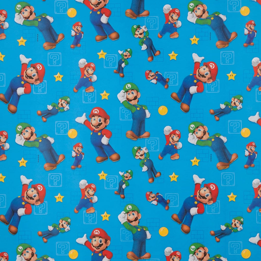 6M Wrapping Paper, Pack of 3, Super Mario Bros., Mario & Luigi, 2M Each, Birthday, Christmas, Blue