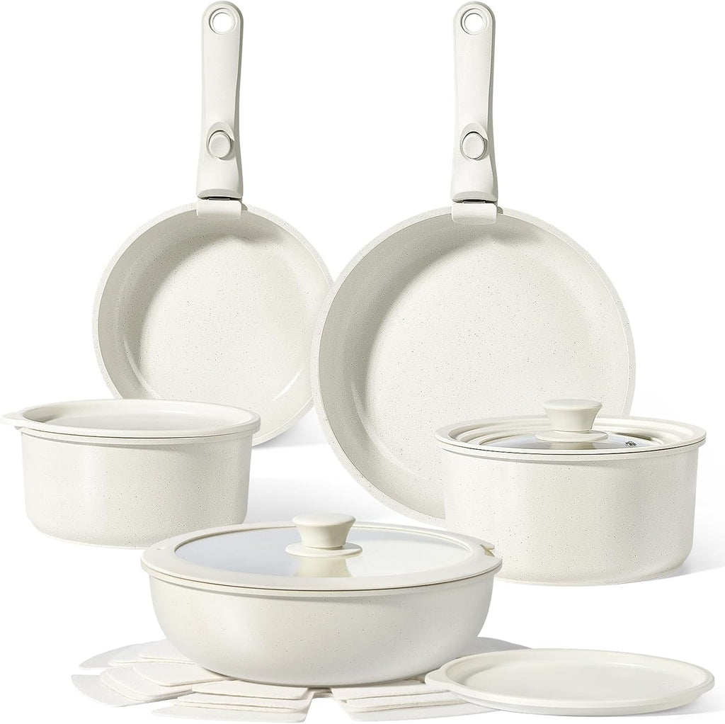 Pot and Pan Set with Detachable Handle, 15Pcs Induction Cookware Sets with Ceramic Non-Stick Coating, Stackable Cooking Pots Set, Mobile Cookware for All Stove Types, Oven Safe