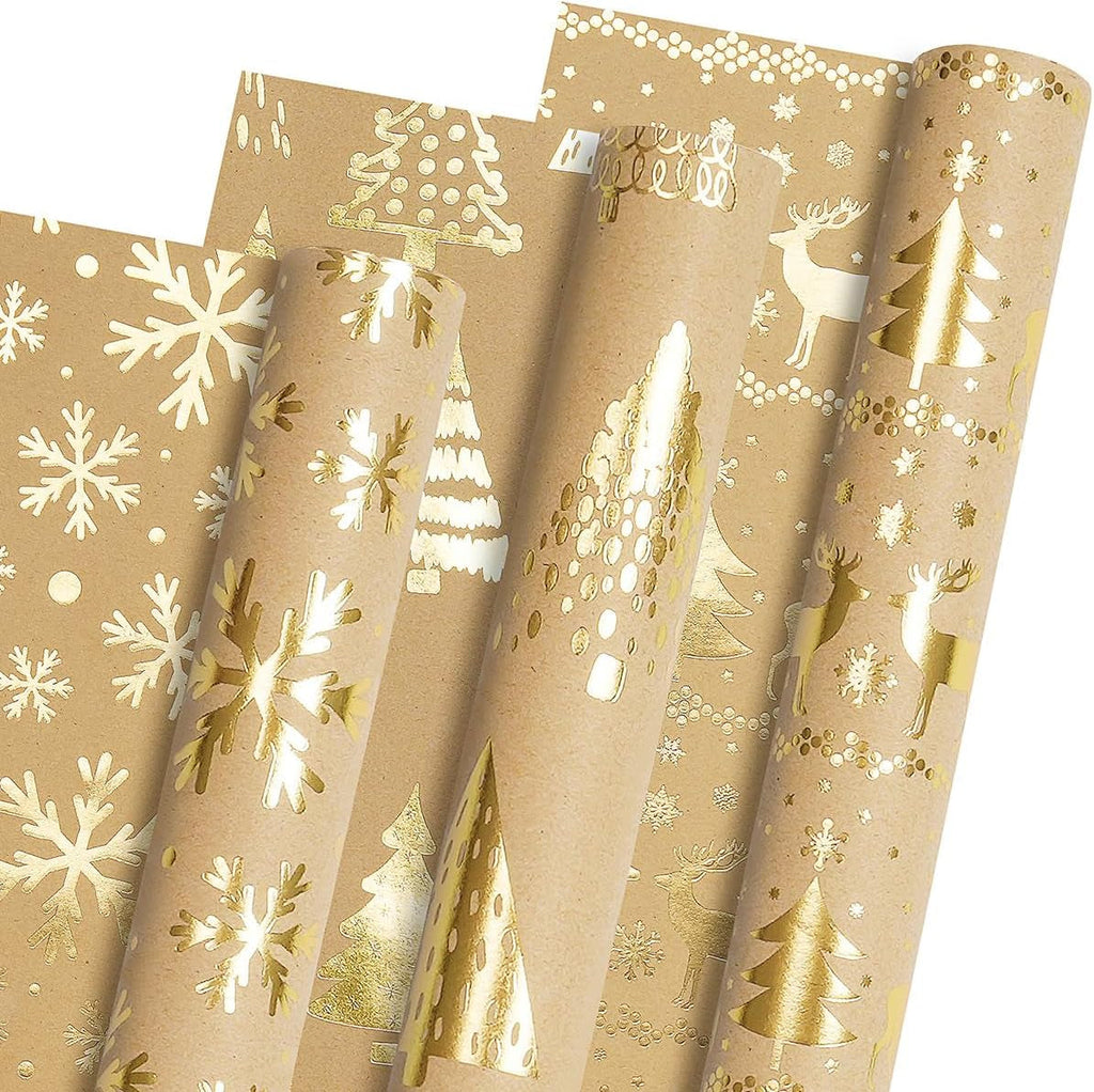 Christmas Wrapping Paper Rolls, Metallic Gold Foil - Brown Kraft Xmas Wrapping Paper Rolls, Gift Wrapping Paper for Women Men, Wrapping Paper for Christmas New Year Winter, 3 Rolls, 43Cm X 3M per Roll