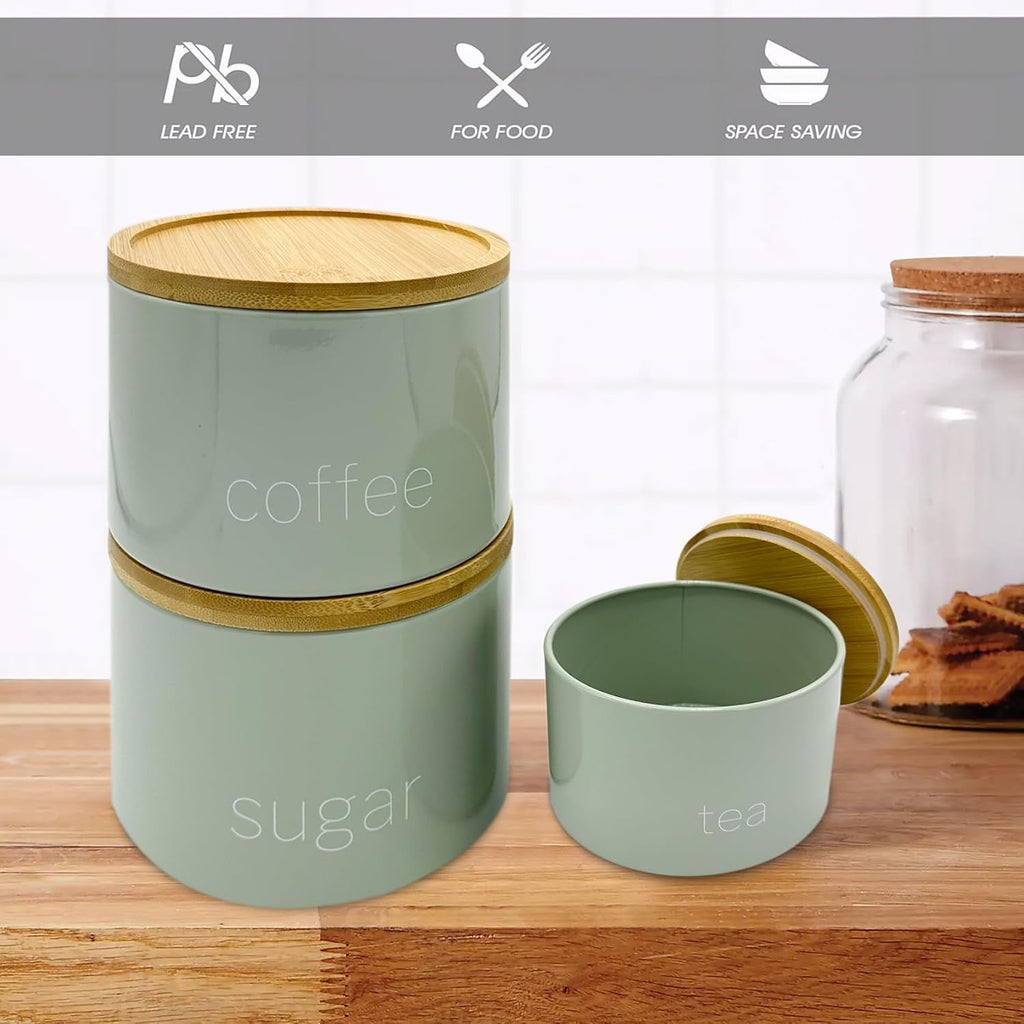 3 Pieces Jar with Wooden Lid Tea Coffee Sugar Canister Storage Container Bowl Pots Kitchen Storage Tins (Sage)