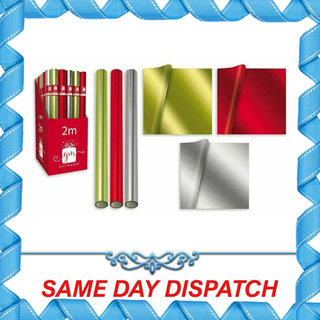 Christmas Plain Metallic Foil Gift Wrapping Paper Roll Silver Red Gold 3 X 1.5M