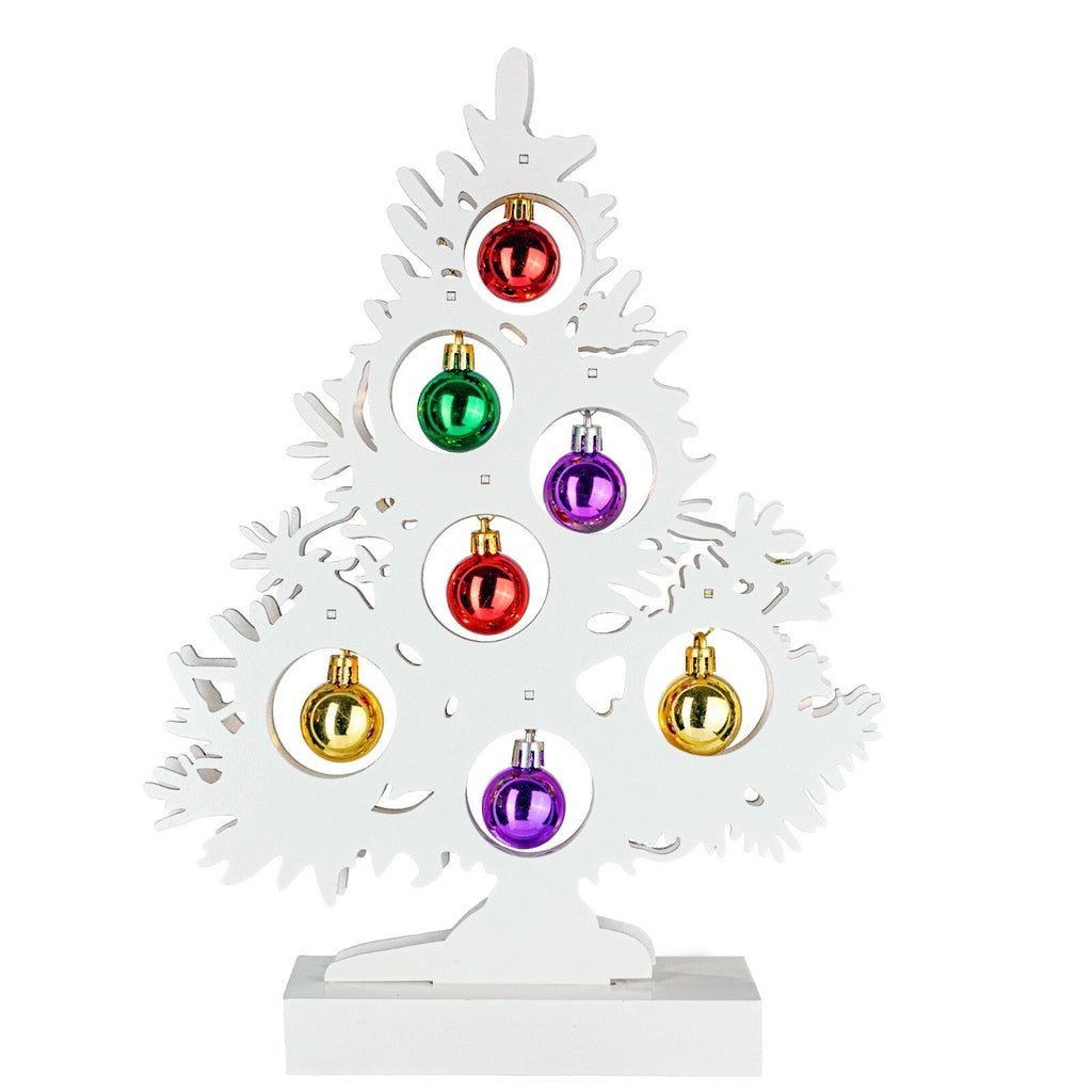 Christmas Tree Wooden Decoration with Baubles Light up Ornament White Small Xmas
