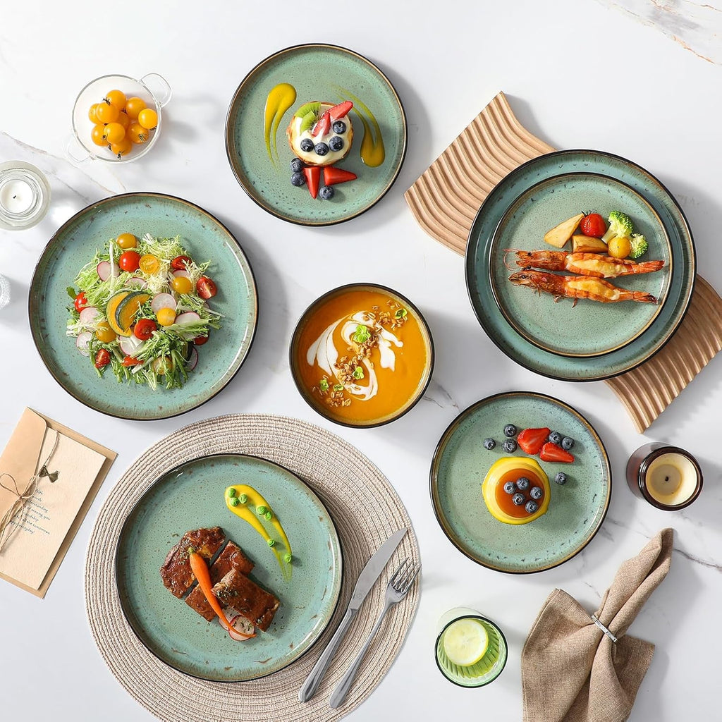 Amber 18 Pieces Dinner Set for 6, Reactive Glaze Stoneware Plates and Bowls Set, Green Crockery Set with Dinner Plates, Dessert Plates & Cereal Bowls, Microwave & Dishwasher Safe