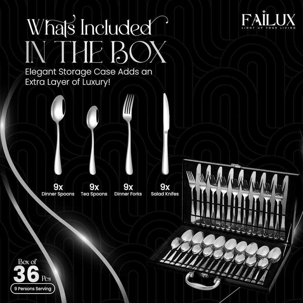 36-Piece Silver Cutlery Set,Stainless Steel Cutlery Set for 9 People–Elegant Cutlery Sets with Knives - Forks Set, Dinner and Tea Spoons Sets-Ideal for Home,Party and Restaurant