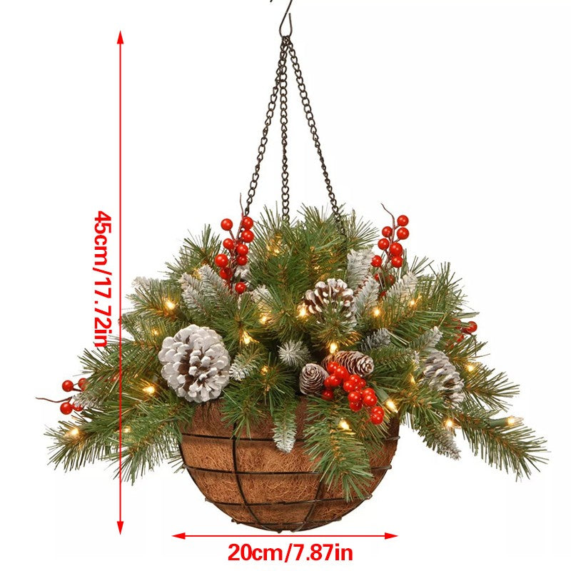 Pre-Lit Artificial Plants Hanging Basket Decorated with Berry Frosted Pine Cones