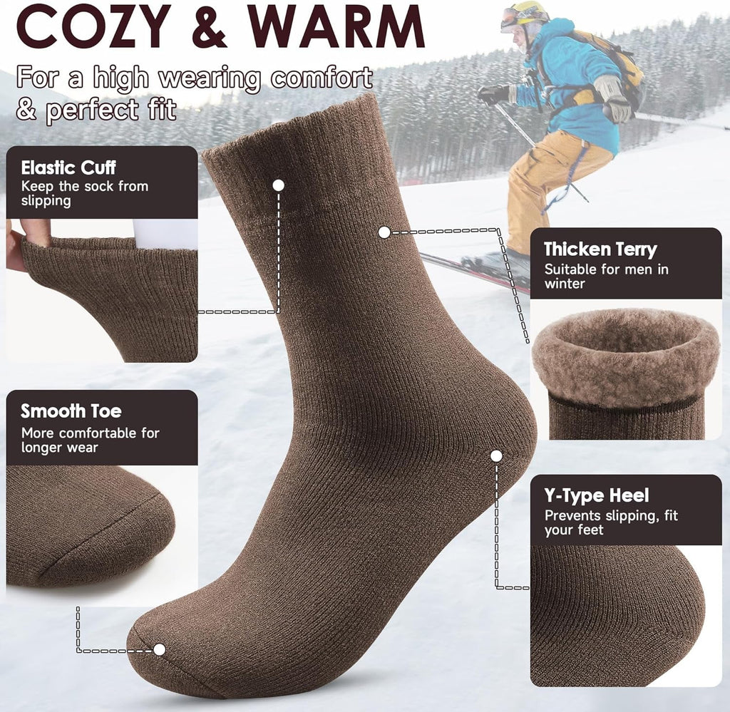 Thermal Socks for Men 7-13, Thick Winter Socks Mens, Soft Chunky Warm Classic Pure Hiking Walking Boot Crew Socks, 3 Pairs