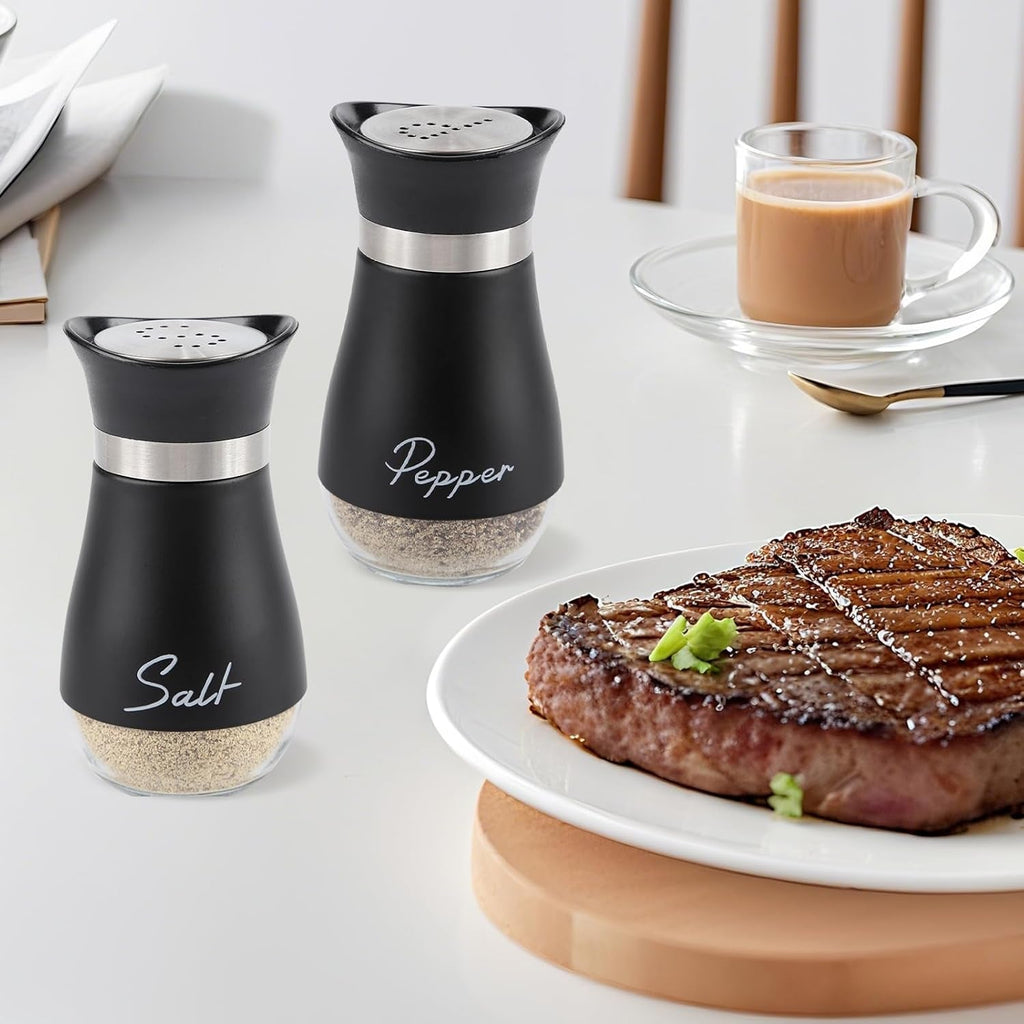 Salt and Pepper Sets,Salt and Pepper Shakers Sets with Holder,Set of 2 Stainless Steel and Glass Bottle Stainless Steel,Salt Shaker Dispenser for Cooking, BBQ (Black)