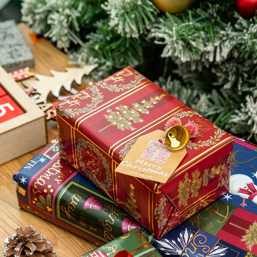 Christmas Wrapping Paper - Santa Claus, Snowman, Christmas Tree and Bell Design - 4 Rolls - 43.5X305 Cm per Roll