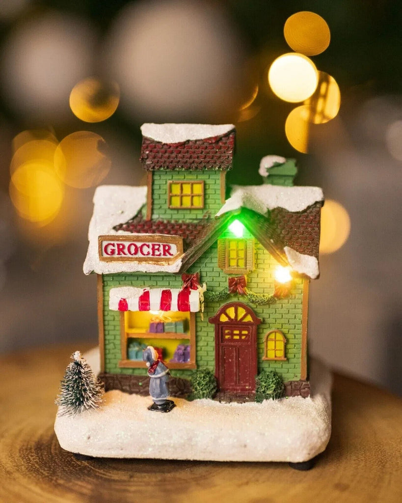 Christmas Village Scene Decoration Ornament LED Grocer Light up Xmas Home Decor