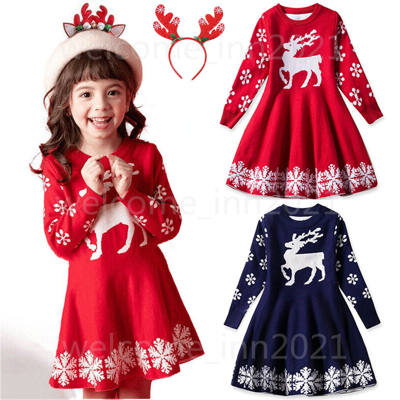 UK Kids Girls Christmas Elk Knitted Sweater Winter Warm Long Sleeve Jumper Dress
