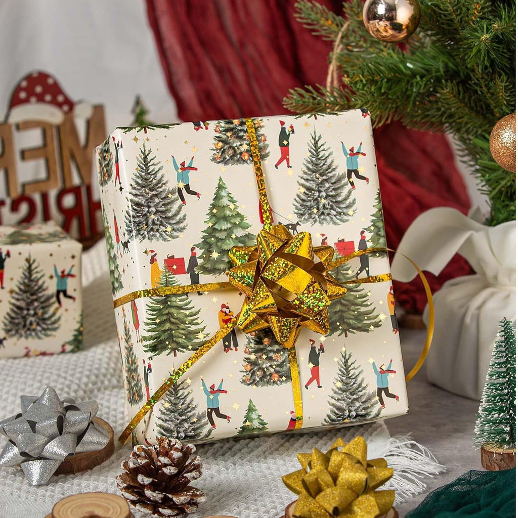 Christmas Wrapping Paper, 43Cm X 10M Christmas Tree and Lovers Gift Wrap Roll for Holiday, Winter, Party Celebration, DIY Crafts