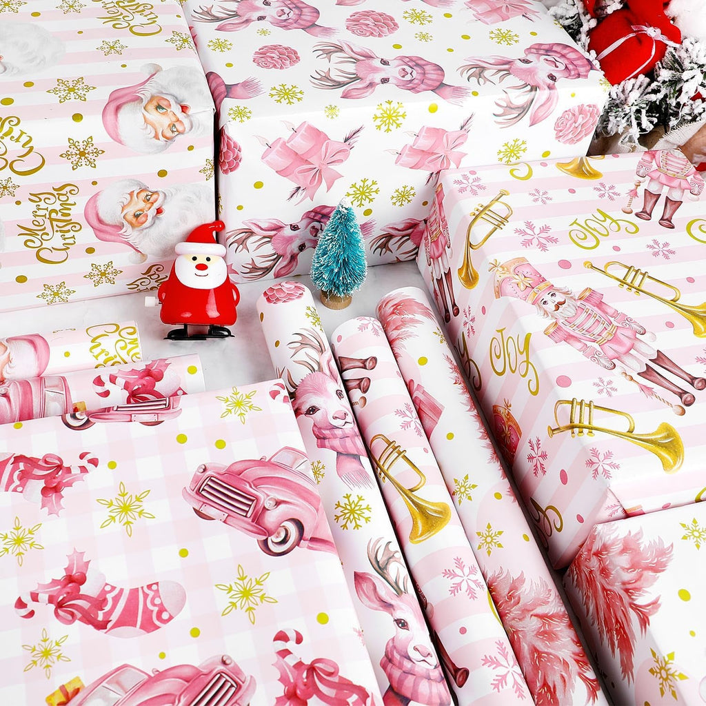 Pink Christmas Wrapping Paper - 5 X 3M Pink Xmas Wrapping Paper Rolls for Gift Boxes Festival Decoration, 43.2CM Wide, 15M