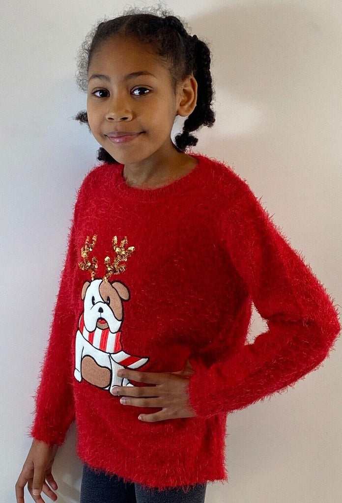Christmas Jumper Kids Girls Bull Dog Xmas Knit Sweater Pullover Red 3-12 YRS
