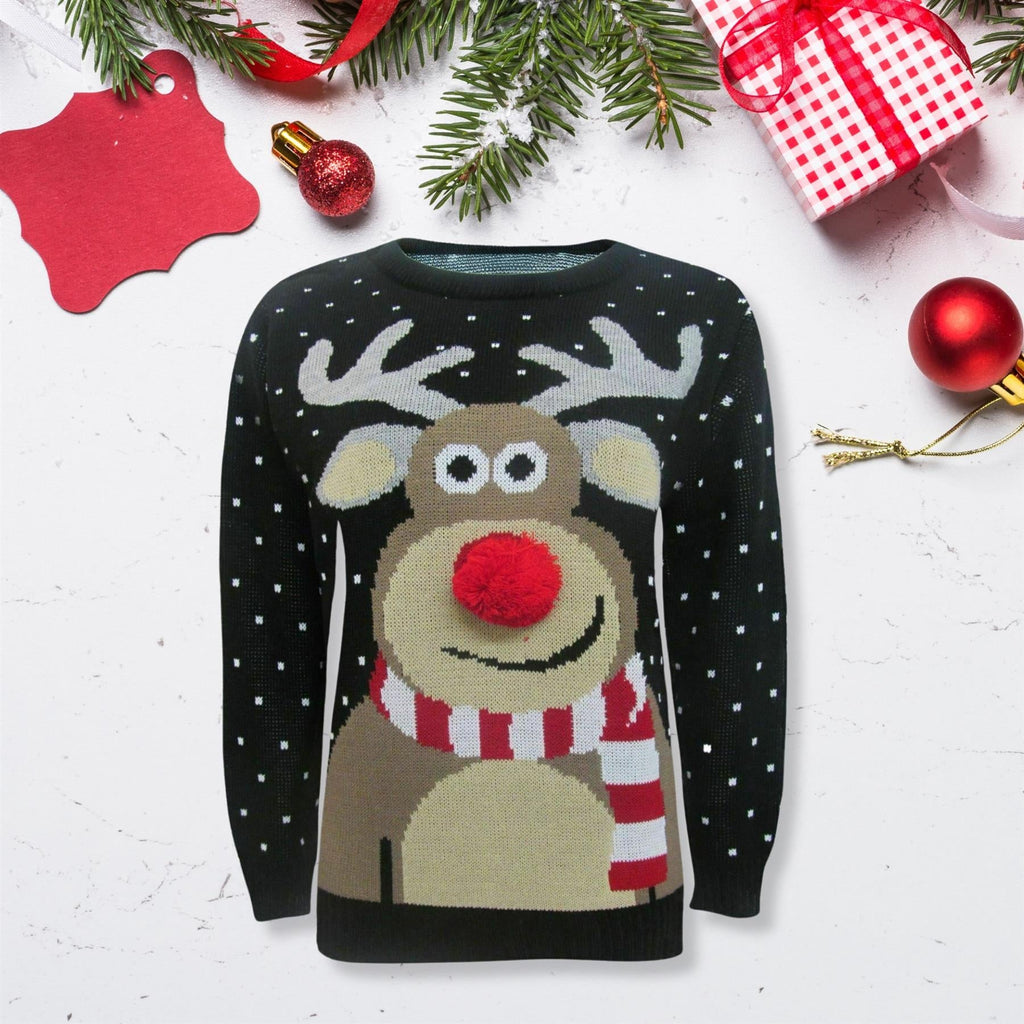 Kids 3D Pom Pom Rudolph Christmas Jumper Girls Boys Knitted Merry Xmas Sweater