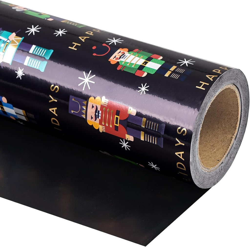 Reversible Nutcracker Christmas Wrapping Paper - Mini Roll - 43.2Cm X 10M - Foil Black Nutcracker Wrapping Paper for Christmas, Party Celebration