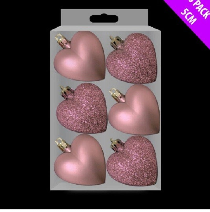 6 Blush Dusty Pink Heart Bauble Christmas Ornament Hanging Tree Decorations
