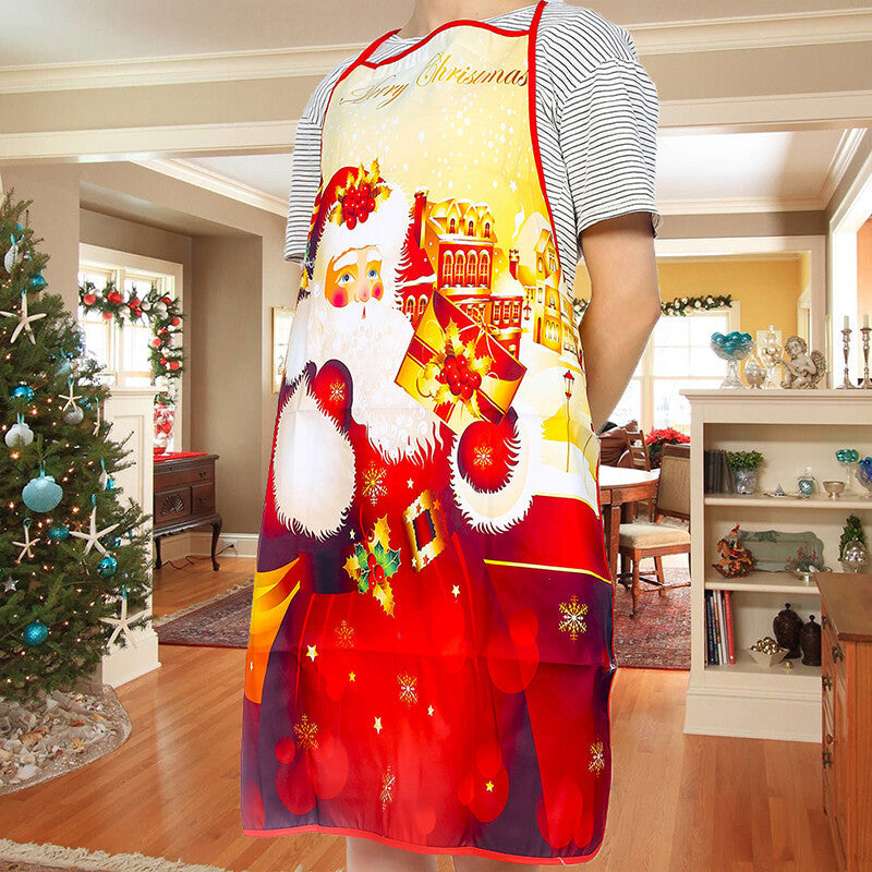 Women Men Christmas Print Apron Kitchen Restaurant Cooking Work Bib Apron Party