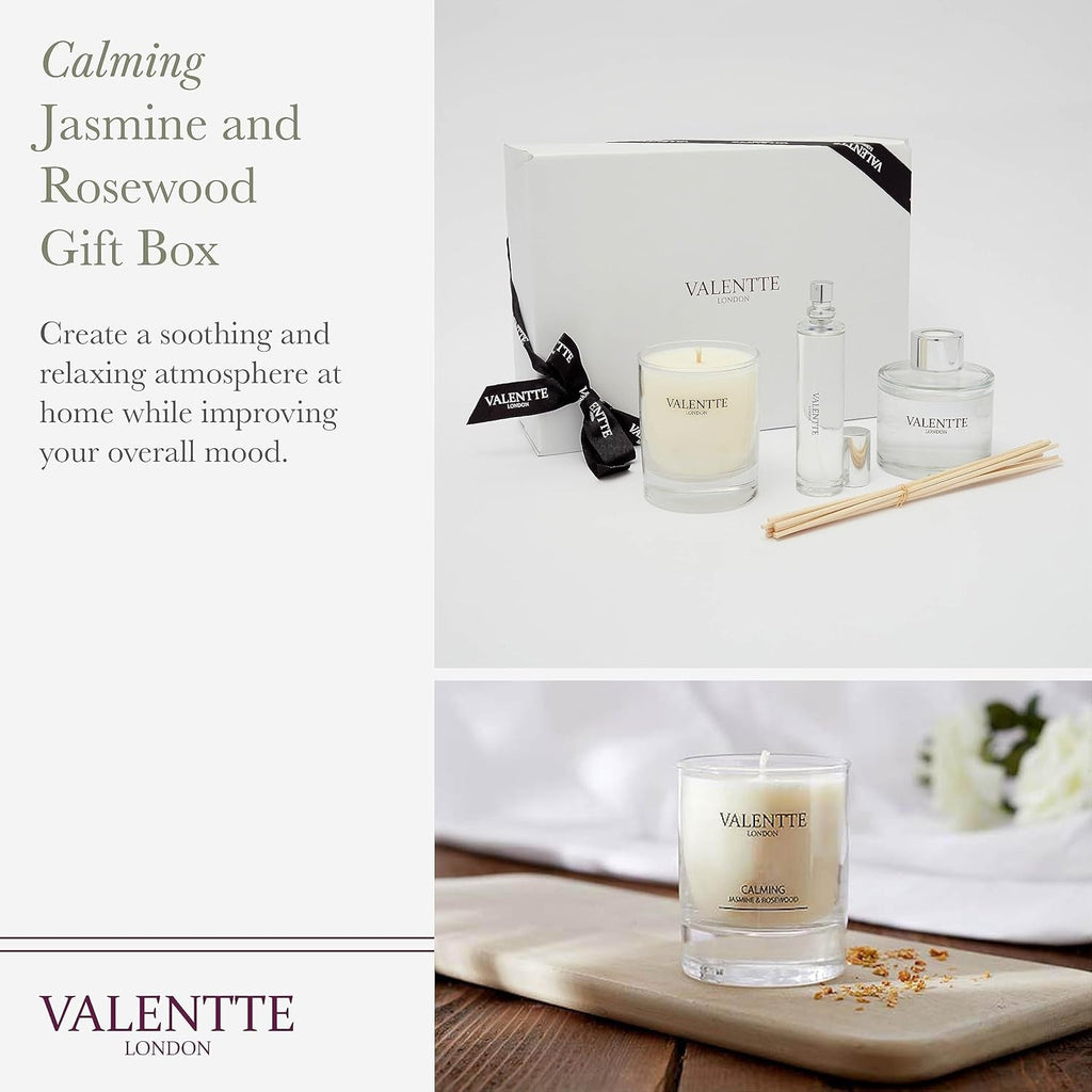Scented Gift Box with Candle, Reed Diffuser, and Room Mist, Aromatherapy Essential Oils, Long Lasting Fragrance, Made in the UK (Jasmine and Rosewood) (150G, 100Ml, 30Ml) -