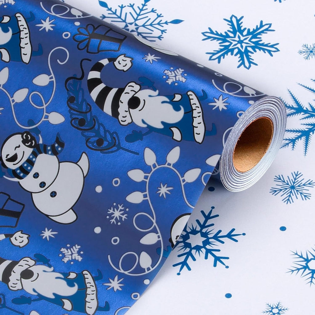 Christmas Wrapping Paper - Mini Roll - Funny Snowman and Snowflake Pattern Blue Reversible Gift Wrap for Winter Holiday Festive Celebration - 43Cm X 10M