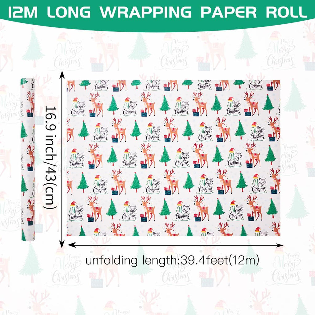 Christmas Wrapping Paper Roll,43Cm*12M Christmas Elements Collection Paper for Xmas Present (White and Green)
