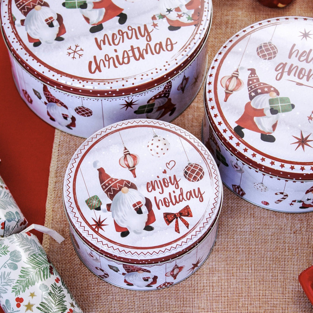3Pc Christmas Gonk Nesting Cake Tins Set Metal Xmas Gnome Kitchen Baking Storage