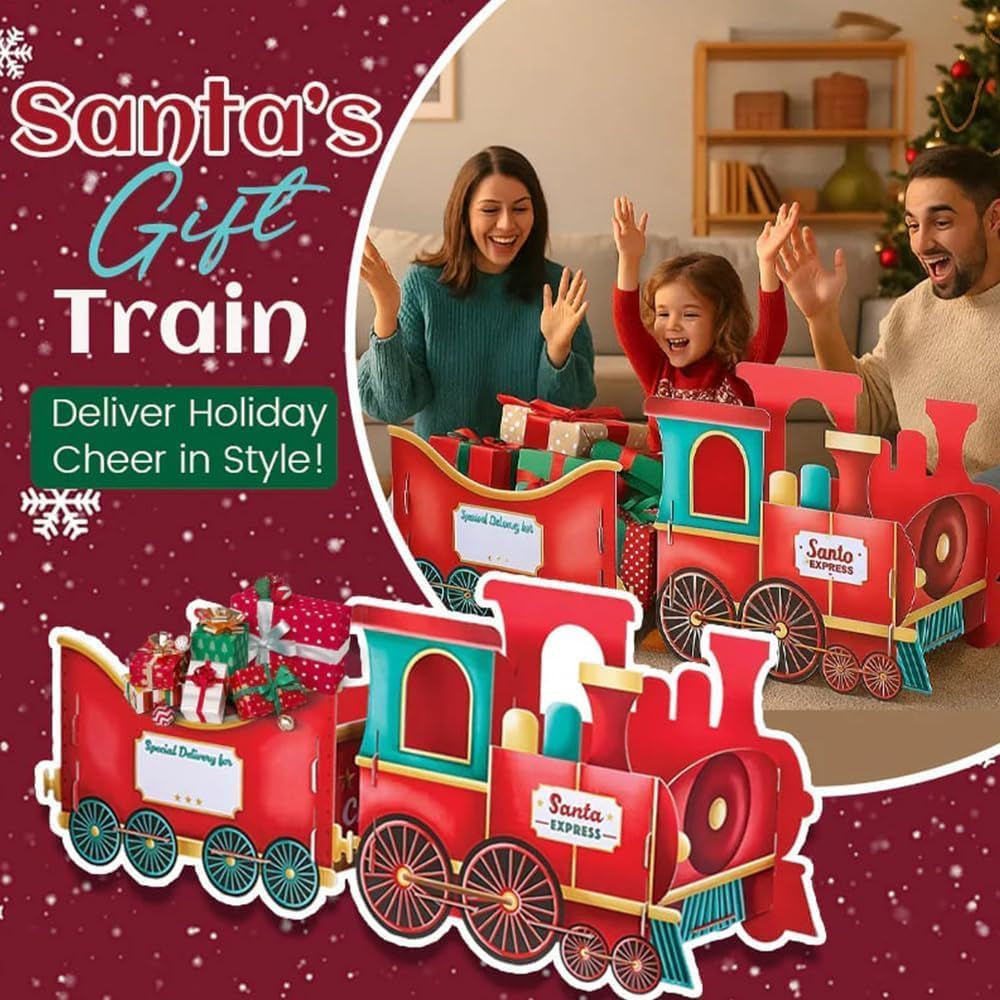 Santa Gift Train, Christmas Train Present, Whimsical Gingerbread-Style Christmas Cardboard Trains, Xmas Decoration Gifts Storage for Candy Stocking Stuffers (Red)